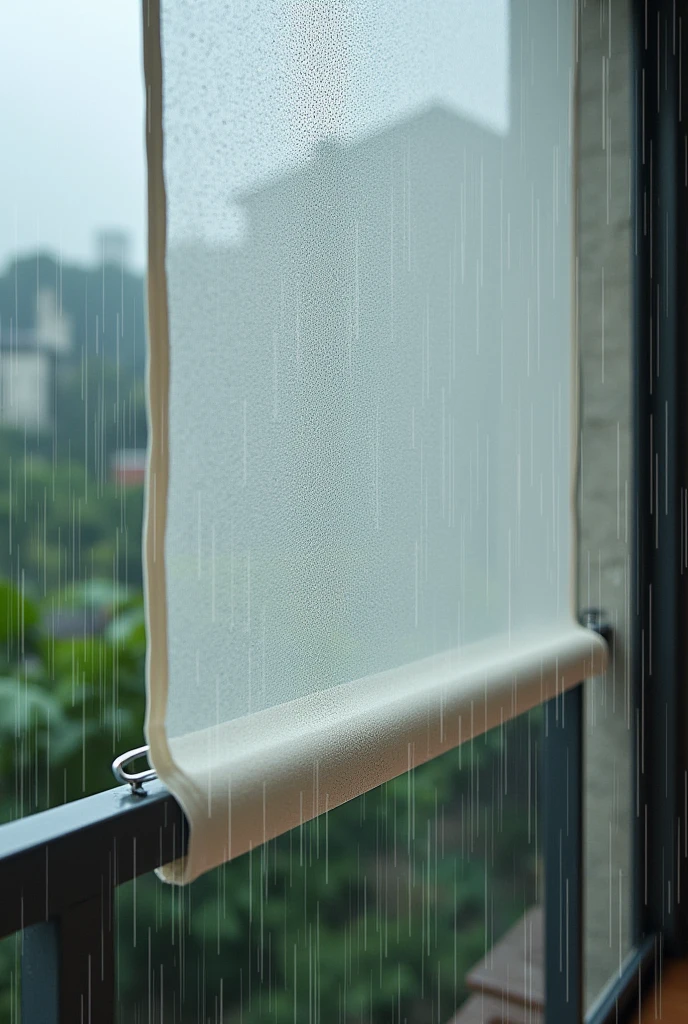 1.Material and Texture: Monsoon blinds are usually made of heavy-duty, water-resistant materials like PVC plastic The texture might appear slightly glossy or matte, depending on the material.

2. Color: Monsoon blinds are often neutral or transparent . They might also be in light shades to blend with outdoor settings.

3.Transparency: Some monsoon blinds are semi-transparent, allowing light to filter through while still providing protection from rain.

4. Edges and Fastenings: The edges of the blinds should have reinforced seams,the blinds should be folded at same level as Roman blinds has fold, often with eyelets for hooks or ties. They might also include steel wires attach to ground from ties. 

5. Installation: Monsoon blinds are typically installed in outdoor settings, like patios or balconies. You might want to depict them hanging from a structure. 

6. Background and Environment: The surroundings could include rain or cloudy skies, as monsoon blinds are used during the rainy season.
 
7. Lighting and Shadows: Since these are used during monsoons, the lighting might be soft, with diffused light coming through clouds. The blinds might cast soft shadows or have water droplets on them, adding to the realism.
