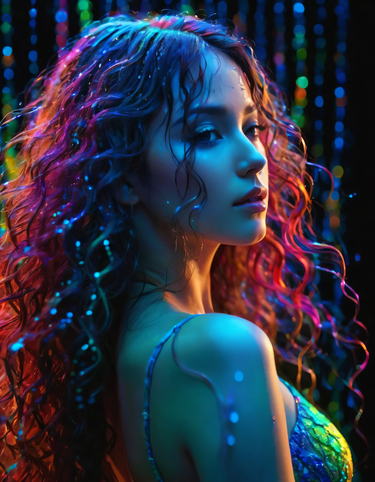 high quality, 8K Ultra HD, Imagine a night background in a vibrant windowpane illuminated by colorful raindrops, forming the silhouette of a beautiful woman, long, slightly curly hair lit from behind. The lines are threads of dynamic energy and iridescent colors, reminiscent of a digital dance. in tones ranging from electric blue to radiant reds and vivid greens, it brings a woman's form to life. Its silhouette appears as a synthesis of feminine beauty.  highly detailed,