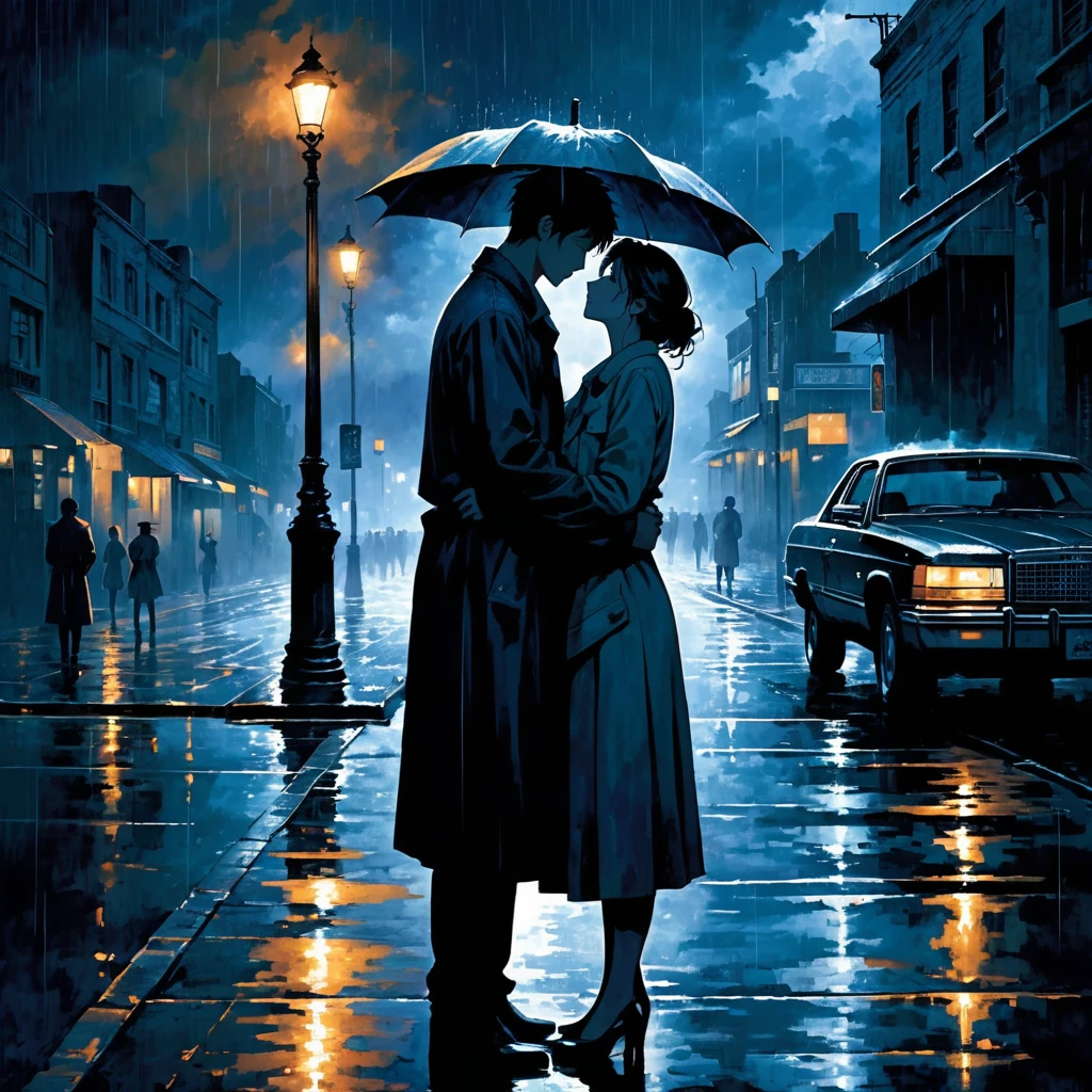 A powerful image that complements the lyrics provided, showing a scene of two people standing together in a stormy night, one comforting the other. The background is a dark, rain-soaked street with dim streetlights barely illuminating the surroundings. The comforting person stands tall and strong, while the other leans on them, conveying trust and support. The image should evoke a sense of deep friendship, unwavering support, and resilience through hardship. The color palette should be moody with dark blues and grays, contrasting with a subtle warm glow around the figures to signify hope and warmth