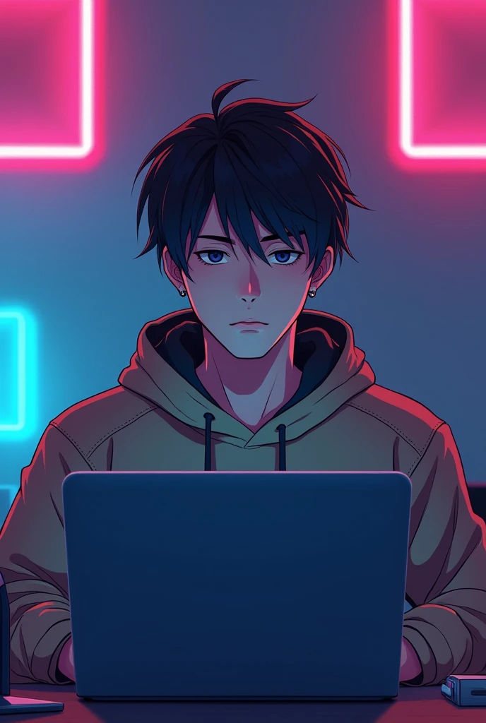 Create an anime-friendly looking
female business character who appears
handsome and smart. He has a good face
and is wearing a hoodie. The character is sitting behind his
laptop in his office, with his arms on the desk.
It is night, and the room features volumetric
neon lighting. The character is front-facing to
the camera, looking straight and centered. This
is a central portrait with an audio microphone
on the desk near his mouth. The character's
face should occupy about 1/3 of the image size.
He is sitting straight, front view, and centered,
looking straight ahead. The overall ambiance
of the image should convey a connection to
minimalism, with flat illustration, bold lines,
simplification, and a gouache illustration style.
The image should be in 8K resolution.