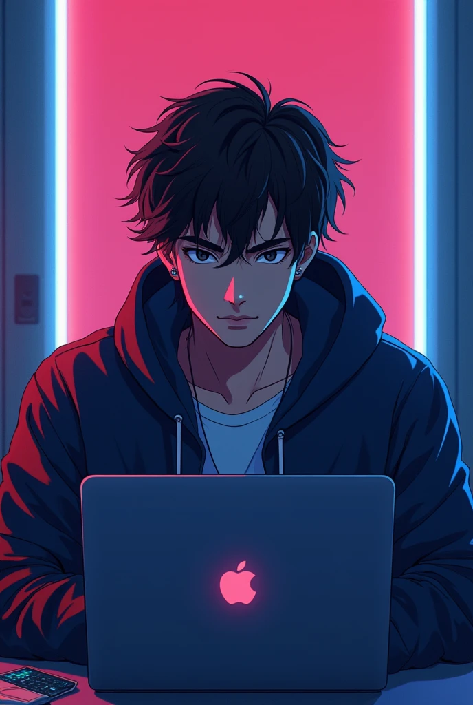 Create an anime-friendly looking
female business character who appears
handsome and smart. He has a good face
and is wearing a hoodie. The character is sitting behind his
laptop in his office, with his arms on the desk.
It is night, and the room features volumetric
neon lighting. The character is front-facing to
the camera, looking straight and centered. This
is a central portrait with an audio microphone
on the desk near his mouth. The character's
face should occupy about 1/3 of the image size.
He is sitting straight, front view, and centered,
looking straight ahead. The overall ambiance
of the image should convey a connection to
minimalism, with flat illustration, bold lines,
simplification, and a gouache illustration style.
The image should be in 8K resolution.