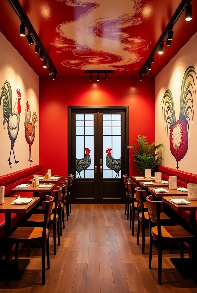 A salon for a restorant, Walls panited white and red and Has a Chicken picture, red and white abstract cceiling with d/f spot lights, redish Brown light from the spot lights, Has a glass door that opens in two sides,has picture of two faced each other Chickens on the doors,Menu on every table,