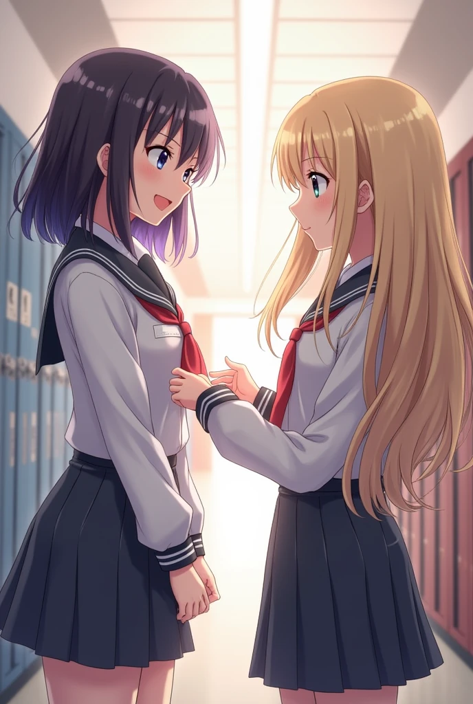 Make a black haired girl with purple highlights at school, talking to a girl with long blonde hair.
