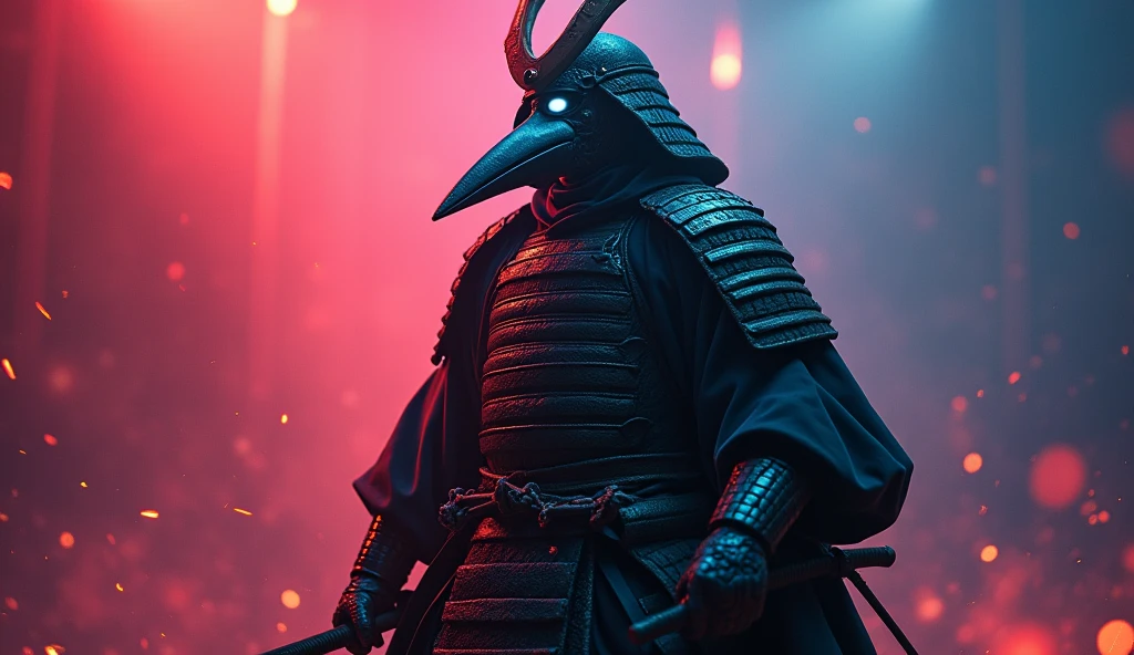 A man with a katana in his hand, Dressed in samurai robes and armor,Use a beak mask,Beak-shaped mask,glowing light eyes, weirdcore, nasty, nightmarish, very bright colors, light particles, with light shining, Mshiv, Wallpaper Art, UHD Wallpaper