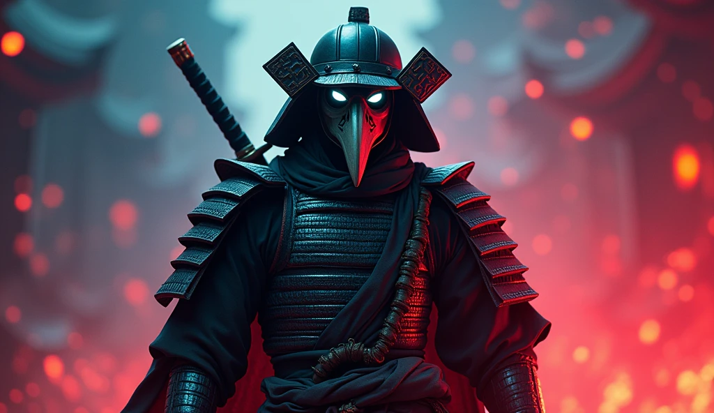 A man with a katana in his hand, Dressed in samurai robes and armor,Use a beak mask,Beak-shaped mask,glowing light eyes, weirdcore, nasty, nightmarish, very bright colors, light particles, with light shining, Mshiv, Wallpaper Art, UHD Wallpaper