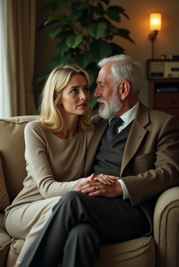A beautiful woman sitting on the sofa, the image is 60s style, next to her there is a radio that is playing blues, she has a sad look, and blonde with blue eyes. On the couch there is a bearded old man of 80, well dressed in a suit., they are looking at each other with loving gaze. I want the image in YouTube format. 
