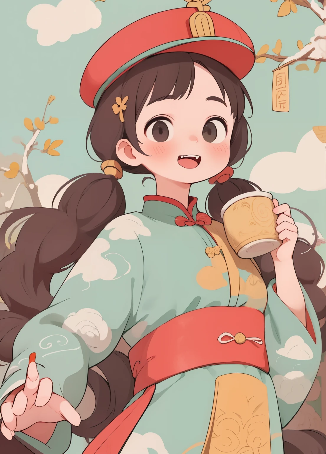 (masterpiece、Highest quality、Highest quality、Official Art、Beautiful and beautiful:1.2)、(One person:1.3)Hatsune Miku、Twin tails,Beautiful breasts, Katsushika Hokusai,Cute young Jhansi, alone, Twin tailsとまっすぐな前髪が赤い目を縁取る. she、He is wearing a Qing Dynasty official hat decorated with banknotes and traditional Chinese clothing.. It poses with its claws raised and its little fangs bared..