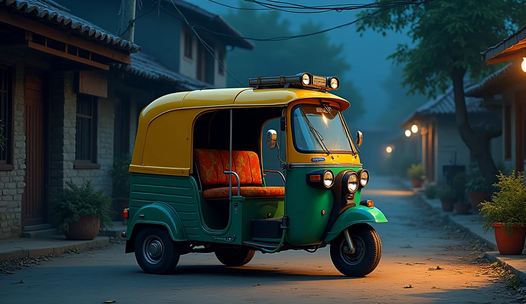 Auto rickshaw parked outside the village at night