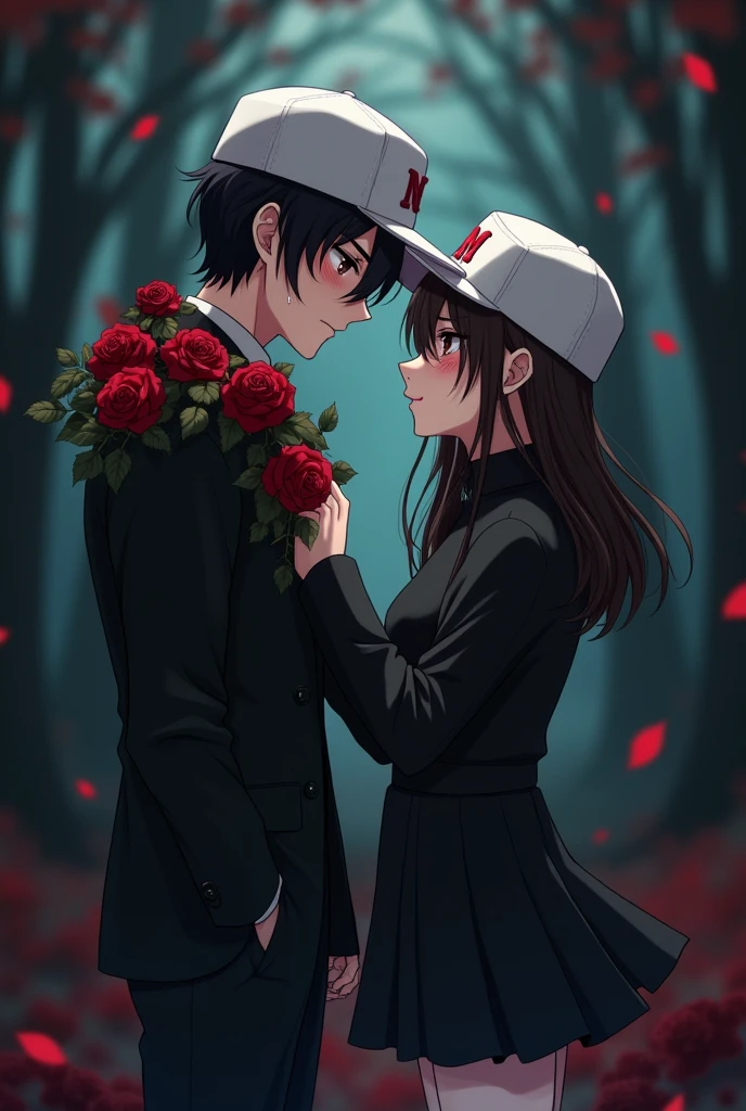 an anime man with black hair and dark maroon eyes and he is wearing a black suit with dark red rose vines twirling around his shoulders and he is wearing a white cap which has a M written on it in red and he is arguing with  and an anime woman with long middle brunette hair and dark brown eyes and she is wearing a black outfit with black socks and black boots and she has the same cap as the anime man and they both are crying tears and they are standing in a dark forest and the man is saying "IM BREAKING UP WITH U" and they are wearing white caps which have a M written on them in red and tears are coming out of their eyes and they are in sorrow 