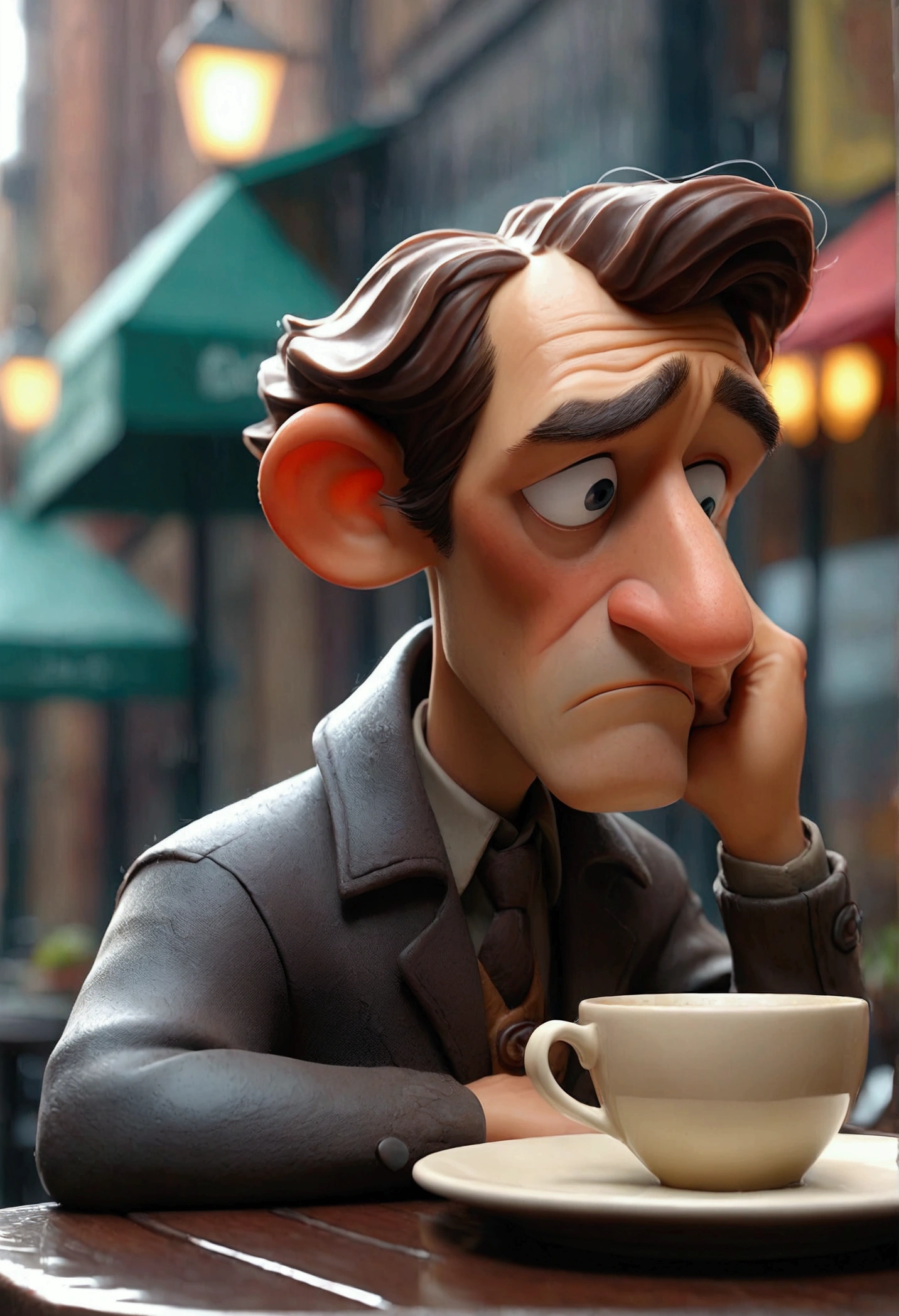On a rainy afternoon, a middle-aged man sits alone in a quiet cafe, with a cup of coffee in front of you. He watches the rain fall down the windows as he rummages thoughtfully through his dessert plate.. What is he thinking?? What are the memories, dreams or worries that are occupying your mind? Describe your thoughts and feelings, and the impact this reflection is having on him.