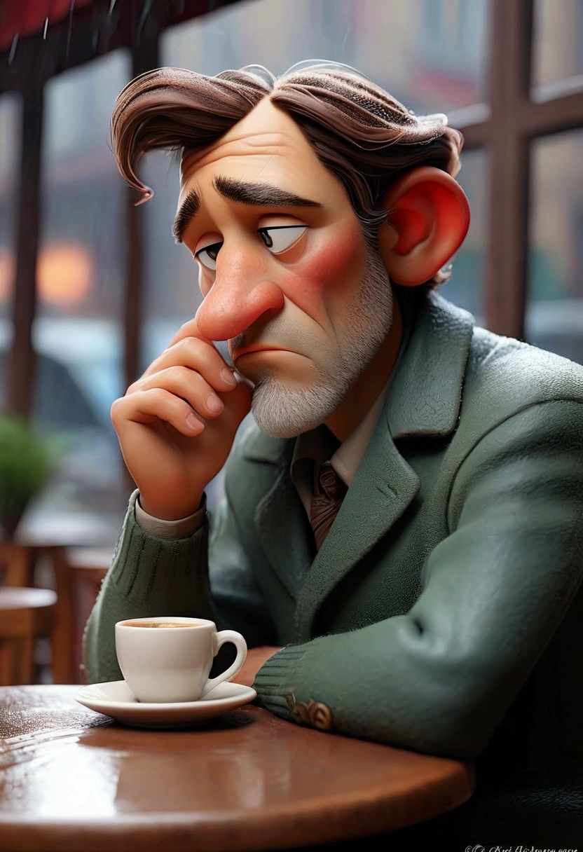 On a rainy afternoon, a middle-aged man sits alone in a quiet cafe, with a cup of coffee in front of you. He watches the rain fall down the windows as he rummages thoughtfully through his dessert plate.. What is he thinking?? What are the memories, dreams or worries that are occupying your mind? Describe your thoughts and feelings, and the impact this reflection is having on him.