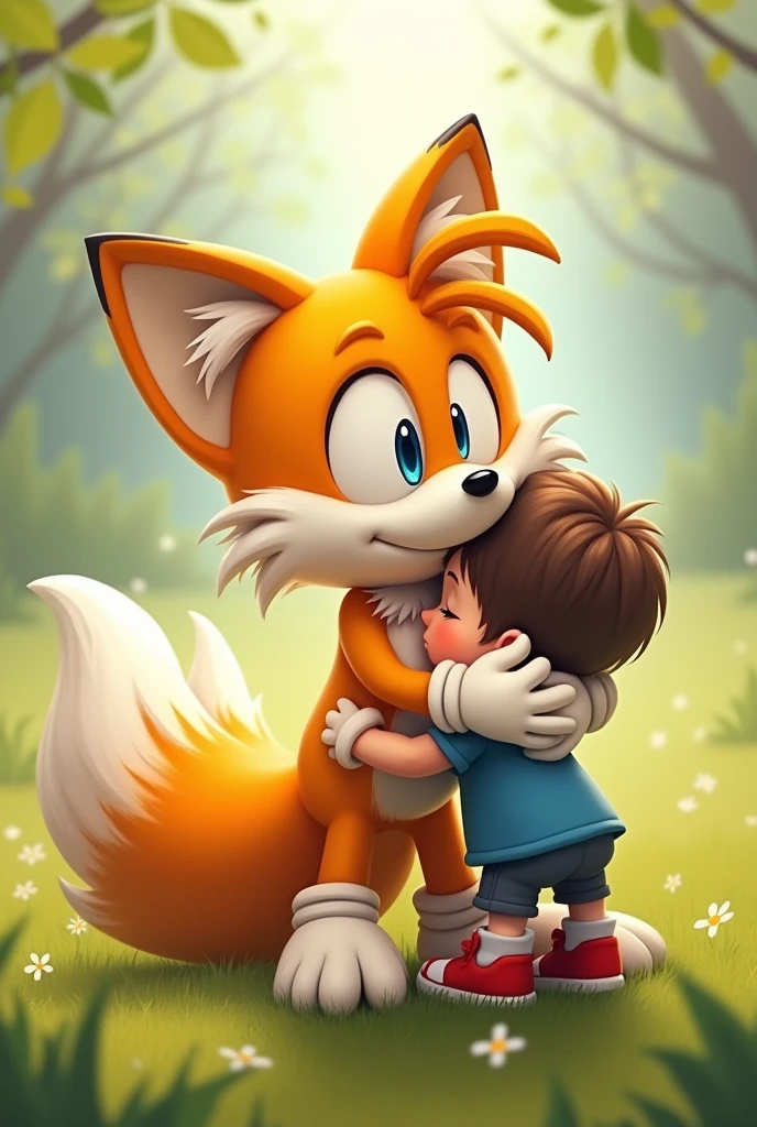 Tails hugging kid 