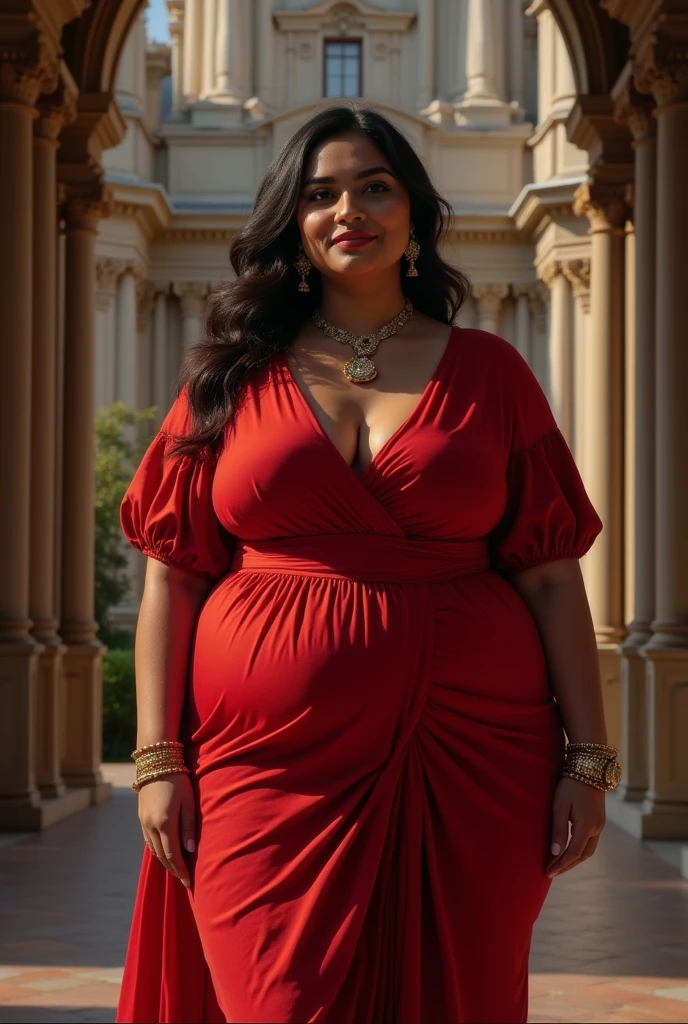 Beautiful Indian mom with red blouse only, curvy body,big breast size, thick thighs standing in a castle