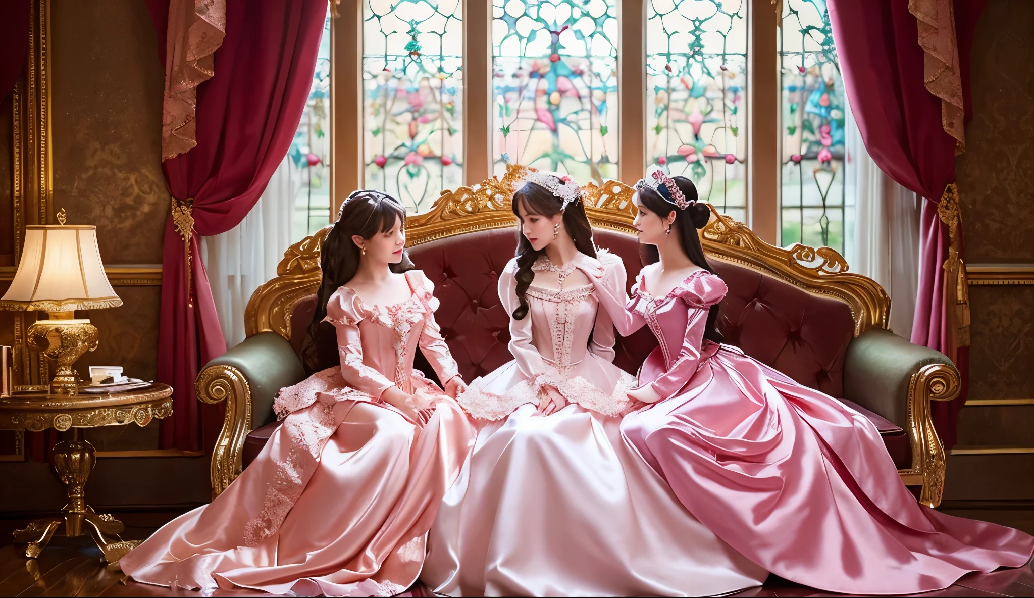 Highest quality, masterpiece, Highest Resolution, artwork, super Familiar, many detailed, detailed, Familiar, reach,They are both princesses,pink victorian dress,Long sleeve,Long dress,Silk satin dress with plenty of ruffles and ribbons,In a luxurious castle,