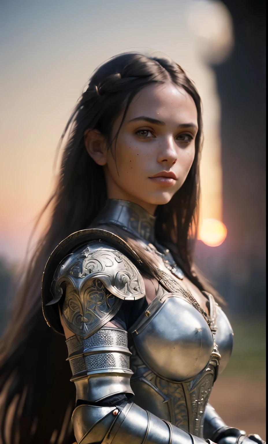 (masterpiece), (extremely intricate:1.3), (realistic), portrait of a girl, the most beautiful in the world, (medieval armor), metal reflections, upper body, outdoors, intense sunlight, far away castle, professional photograph of a stunning woman detailed, sharp focus, dramatic, award winning, cinematic lighting, octane render  unreal engine,  volumetrics dtx, (film grain, blurry background, blurry foreground, bokeh, depth of field, sunset, motion blur:1.3), chainmail