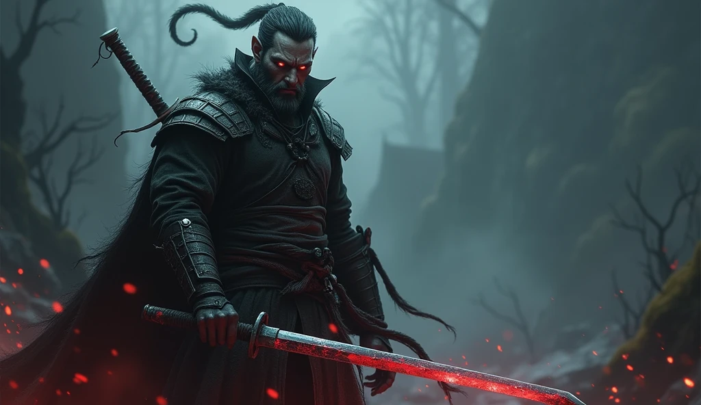 Haunted and dark swordsman with bloodthirsty Katana