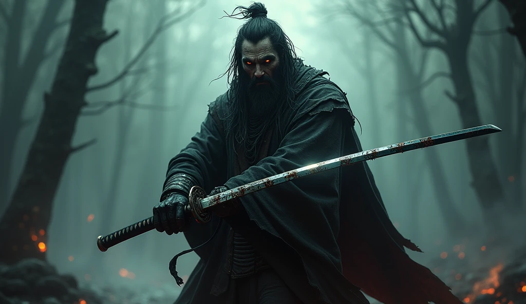 Haunted and dark swordsman with bloodthirsty Katana