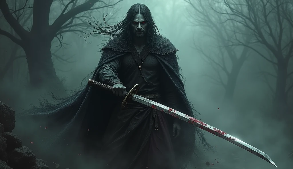 Haunted and dark swordsman with bloodthirsty Katana