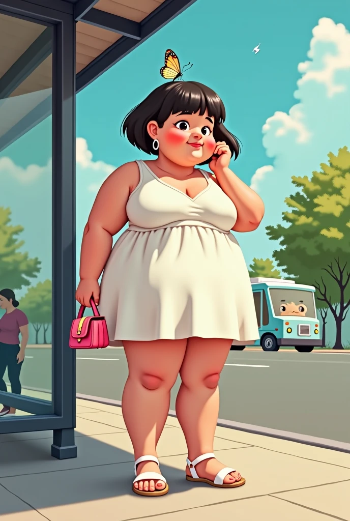 a young looking very fat woman with short straight hair, wearing big round rings, and a very short white dress, and white sandals , standing at the bus stop looking away at the distance. She's touching her hair gently with one hand. She's carrying a small pink purse, and a small butterfly is on her head.