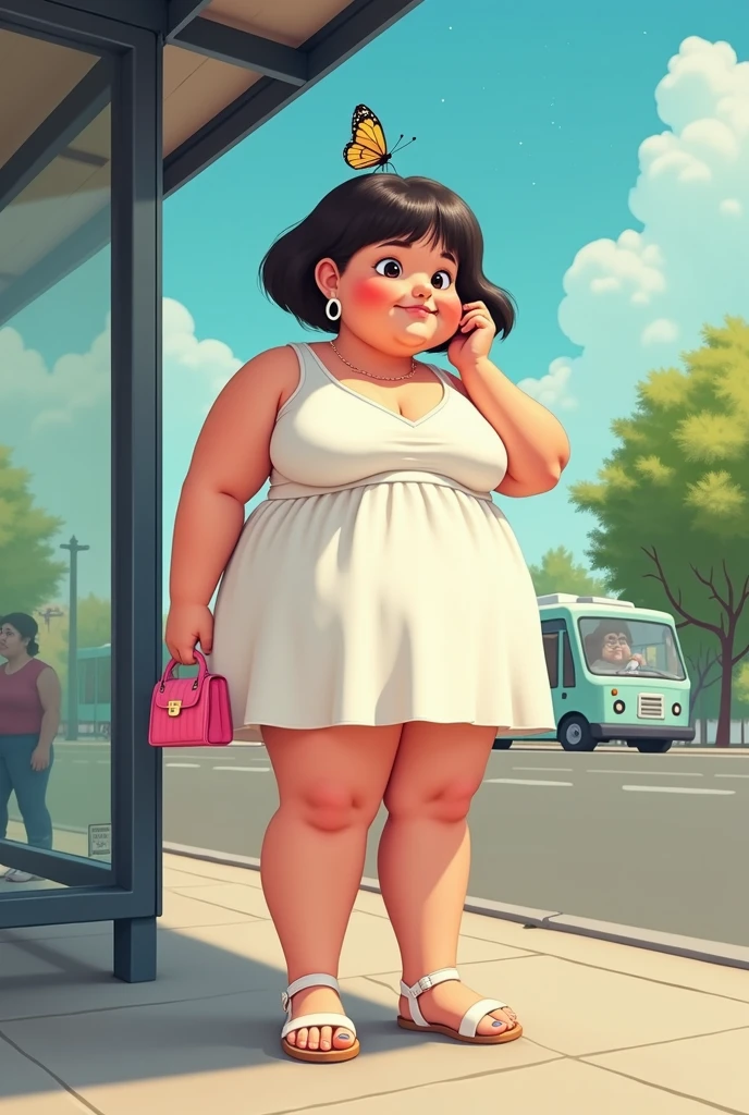 a young looking very fat woman with short straight hair, wearing big round rings, and a very short white dress, and white sandals , standing at the bus stop looking away at the distance. She's touching her hair gently with one hand. She's carrying a small pink purse, and a small butterfly is on her head.