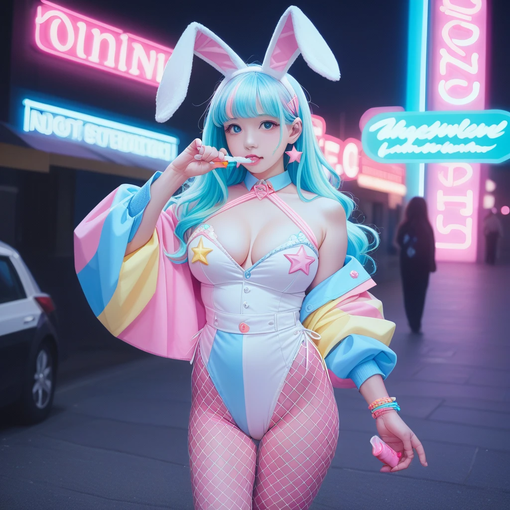 score_9_superior, score_8_superior, score_7_superior, score_6_superior, One person, alone, pastel colour, Long Hair, star , (symbol), Bunny girl、Fishnet tights、Enamel costume、net costume、Large Breasts、View your viewers, blue eyes, pastel neon lighting, sauce_anime, neon,