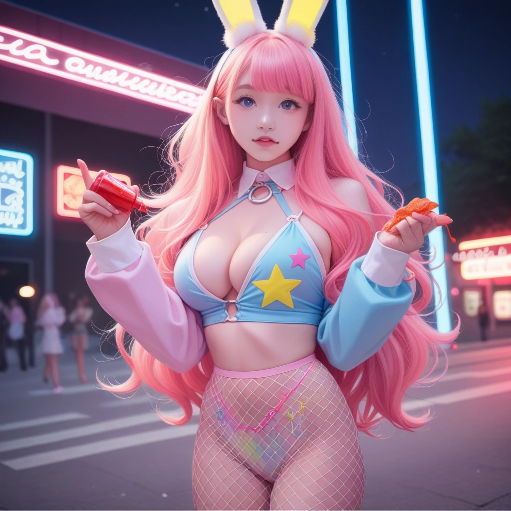 score_9_superior, score_8_superior, score_7_superior, score_6_superior, One person, alone, pastel colour, Long Hair, star , (symbol), Bunny girl、Fishnet tights、Enamel costume、net costume、Large Breasts、View your viewers, blue eyes, pastel neon lighting, sauce_anime, neon, 