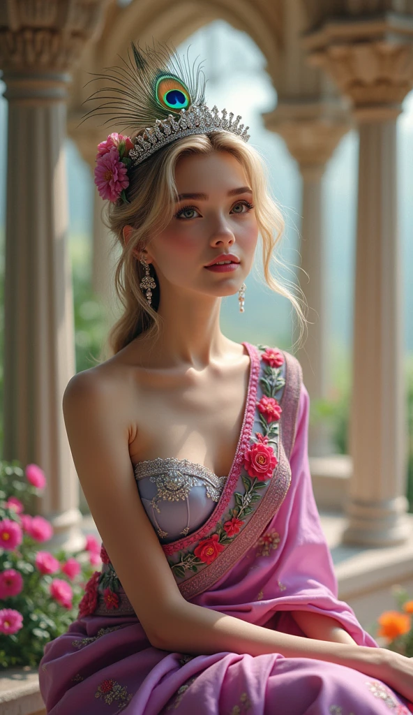 Full closeup, young woman, sitting under castle with crafted four pillars surrounded flowers garden, silver tiara crown with a single peacock feather in front crown, wearing a bright pink and levender silk floral embroidery sari, innocent, female, beautiful and delicate, dark blonde hair, White skin, open eyes, eye natural color, expression of peace and happiness, very saturated colors, front face