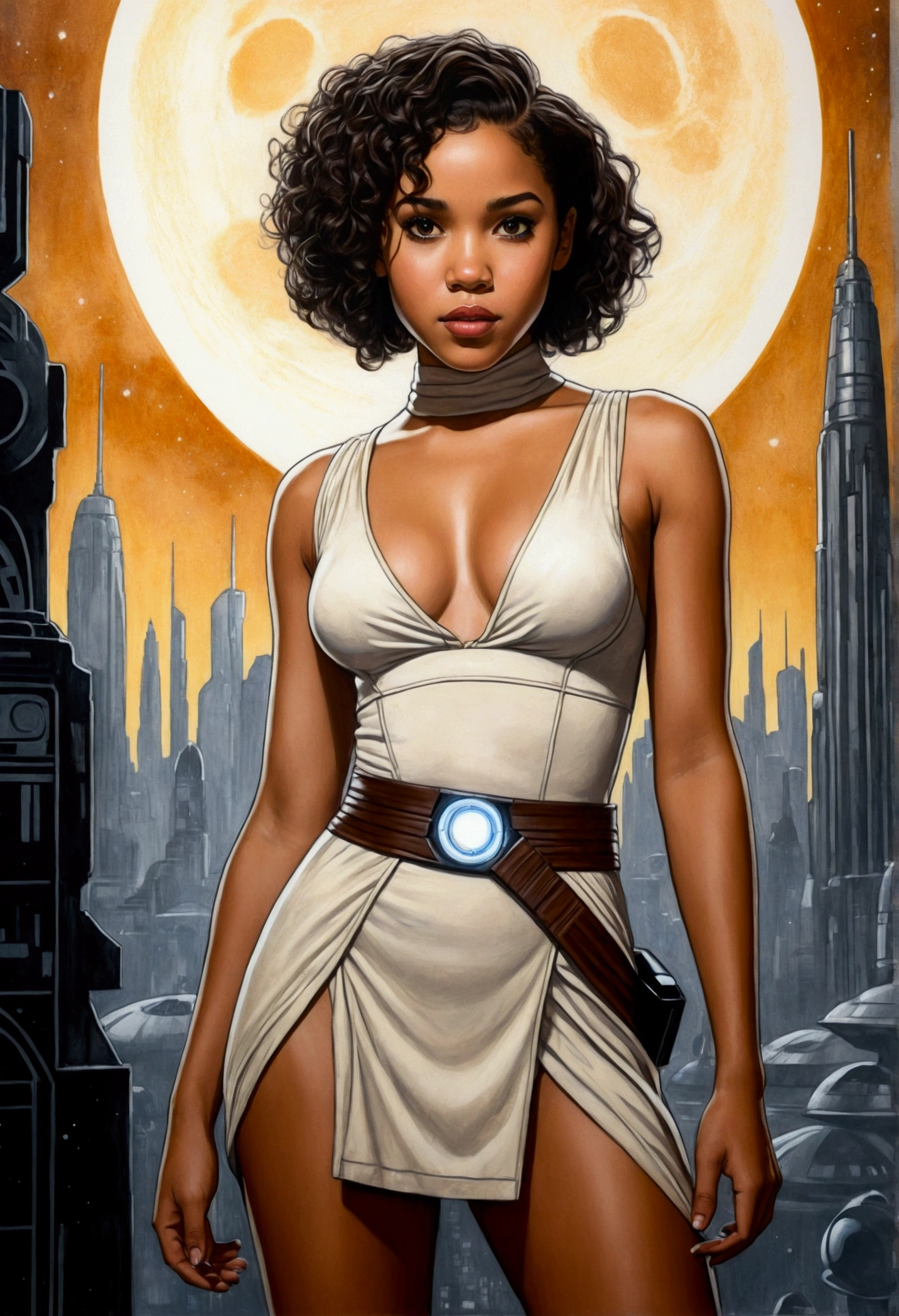 An illustrated movie poster, hand-drawn, full color, a age Jedi, 18-years-old, female, wearing a mini-dress, athletic hourglass figure, bustoms, fide hips, massive round butt, long sha legs, ridiculously thick powerful thighs, hazel eyes, dark hair, kinky curly bob curm brown complexion, resembles Alexandra Shipp, standing above Coruscant, graphite shading, stencil marks, airbrushed acrylic paint, masterpiece, in the style of Drew Struzan