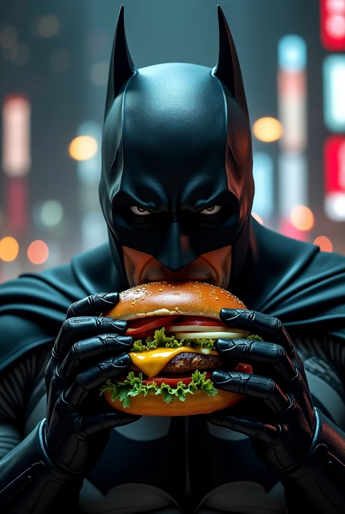 Create an image of Batman eating a delicious burger