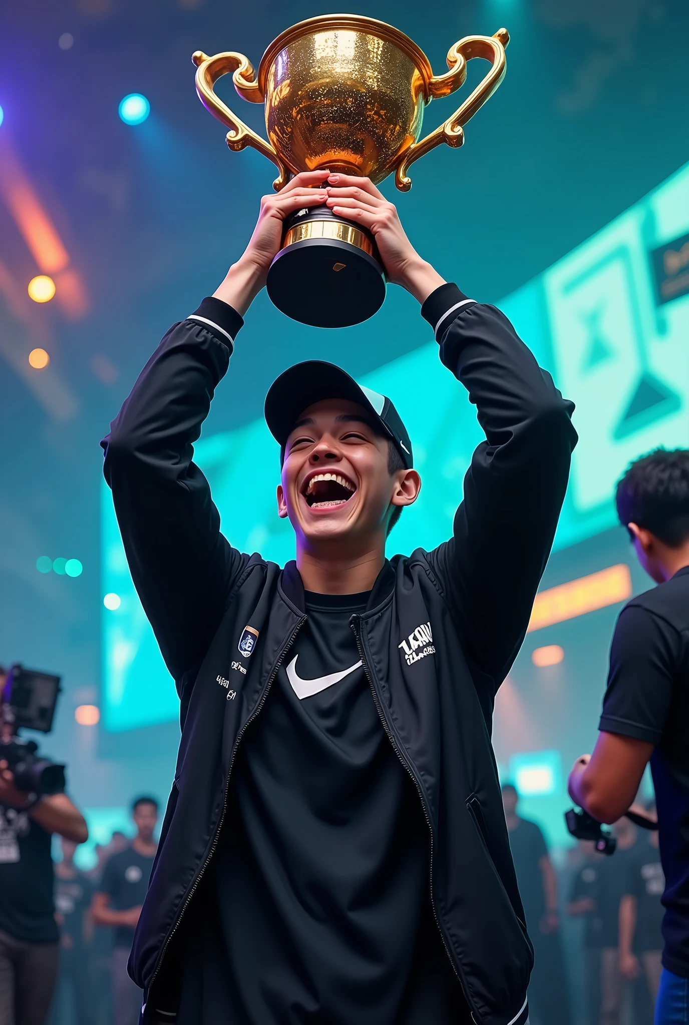 Subject: The image features a young man, likely a gamer, holding a large trophy above his head with both hands.
Expression: He has a triumphant and joyful expression on his face, eyes slightly squinted, and his teeth are showing, which conveys excitement and pride.
Trophy Details: The trophy is metallic, shiny, and golden in color. It has a unique design with intricate detailing, including what appears to be a miniature machine or contraption at its base. It resembles a mix of a traditional cup and a steampunk-like aesthetic.
Attire: The individual is wearing a black jacket with visible logos, including one that appears to be "NIKE," and another logo or text patch on the chest. Under the jacket, a dark-colored T-shirt is visible.
Cap: The person is also wearing a black baseball cap with a light blue emblem or logo on the front.
Background: The background features a colorful, somewhat cartoonish or game-like environment, possibly representing a gaming or esports event. The setting includes wooden and metallic elements, with bright blue and green colors, which may be part of a themed stage or set.
Lighting: The lighting is dynamic, highlighting the subject and the trophy, creating a sense of drama and focus. There are hints of blue and purple light, possibly from stage lights or screens.
Context Clues: The image seems to capture a moment of victory or celebration, likely at an esports competition or gaming event, given the trophy, the stage-like background, and the subject’s attire.
Camera and Audience: Part of a camera and possibly a crowd or other people can be seen on the right side of the image, suggesting this is a public event with media coverage.