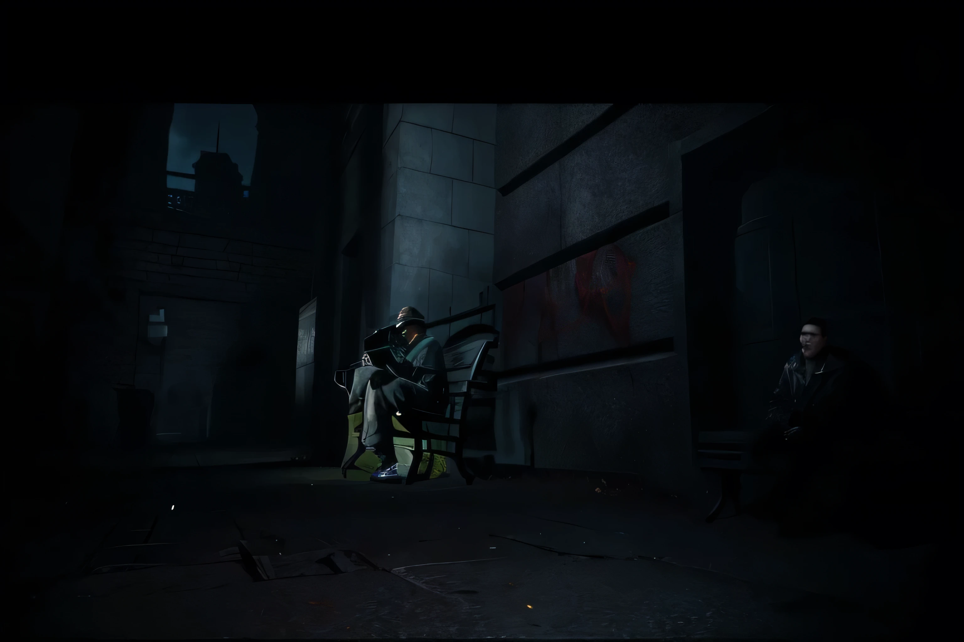 there is a man sitting on a bench in a dark room, cutscene footage, cutscene, in - game footage, in-game footage, video game screenshot>, screenshot from the game, game footage, action scene screenshot, detailed cinematic shot, video game cutscene, cinematic level shot, gameplay footage, in game graphic, screenshot from game, sfm
