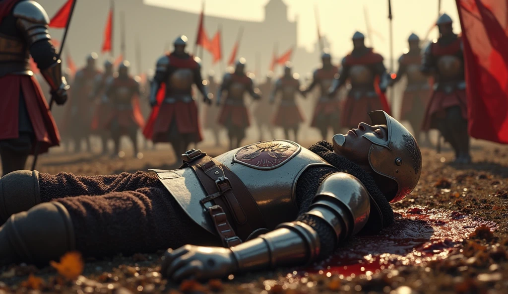 A highly realistic, high-contrast, 8K HD, detailed, hyper-detailed image. Tono, a knight clad in full armor with a lion emblem on his chest, lies defeated on the battlefield. Tono is wearing a helmet and is lying on the ground, with a small pool of blood forming around him from his wounds. Around him, other knights continue to fight, with the battle still raging on. The image captures the tension and chaos of the battlefield, focusing on Tono's fallen form, vividly portraying the intensity of the combat. The image is of the highest quality, with ultra-high resolution, RAW photo quality, and Unreal Engine rendering, depicting the tragic and harsh moment of Tono's defeat in vivid detail.