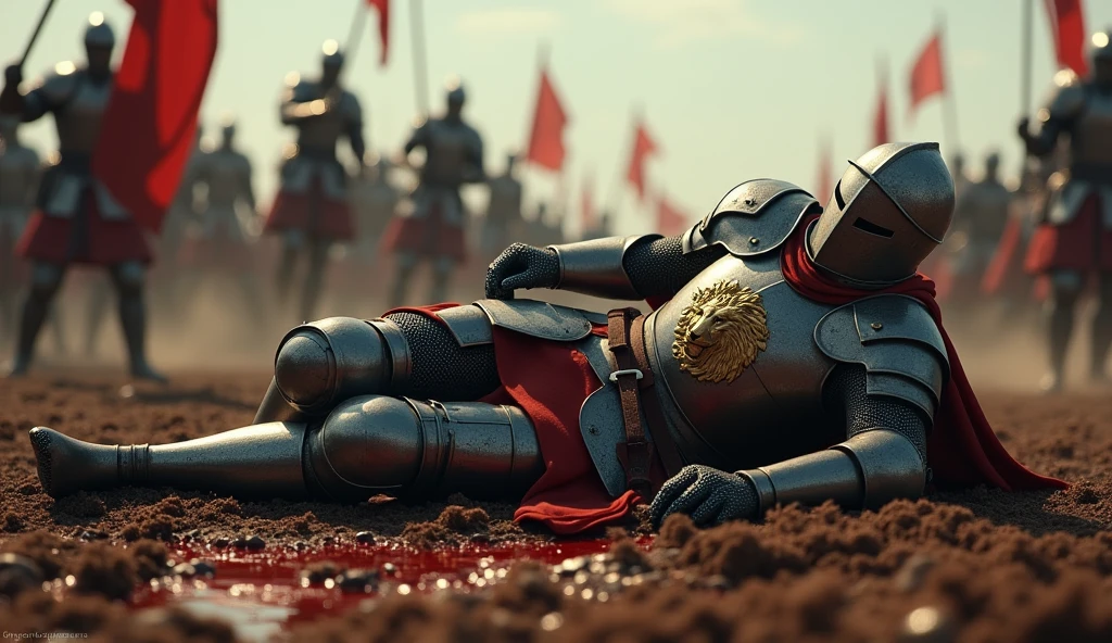 A highly realistic, high-contrast, 8K HD, detailed, hyper-detailed image. Tono, a knight clad in full armor with a lion emblem on his chest, lies defeated on the battlefield. Tono is wearing a helmet and is lying on the ground, with a small pool of blood forming around him from his wounds. Around him, other knights continue to fight, with the battle still raging on. The image captures the tension and chaos of the battlefield, focusing on Tono's fallen form, vividly portraying the intensity of the combat. The image is of the highest quality, with ultra-high resolution, RAW photo quality, and Unreal Engine rendering, depicting the tragic and harsh moment of Tono's defeat in vivid detail.
