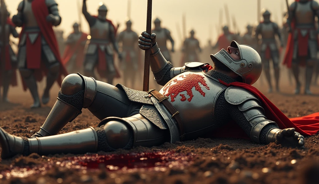 A highly realistic, high-contrast, 8K HD, detailed, hyper-detailed image. Tono, a knight clad in full armor with a lion emblem on his chest, lies defeated on the battlefield. Tono is wearing a helmet and is lying on the ground, with a small pool of blood forming around him from his wounds. Around him, other knights continue to fight, with the battle still raging on. The image captures the tension and chaos of the battlefield, focusing on Tono's fallen form, vividly portraying the intensity of the combat. The image is of the highest quality, with ultra-high resolution, RAW photo quality, and Unreal Engine rendering, depicting the tragic and harsh moment of Tono's defeat in vivid detail.