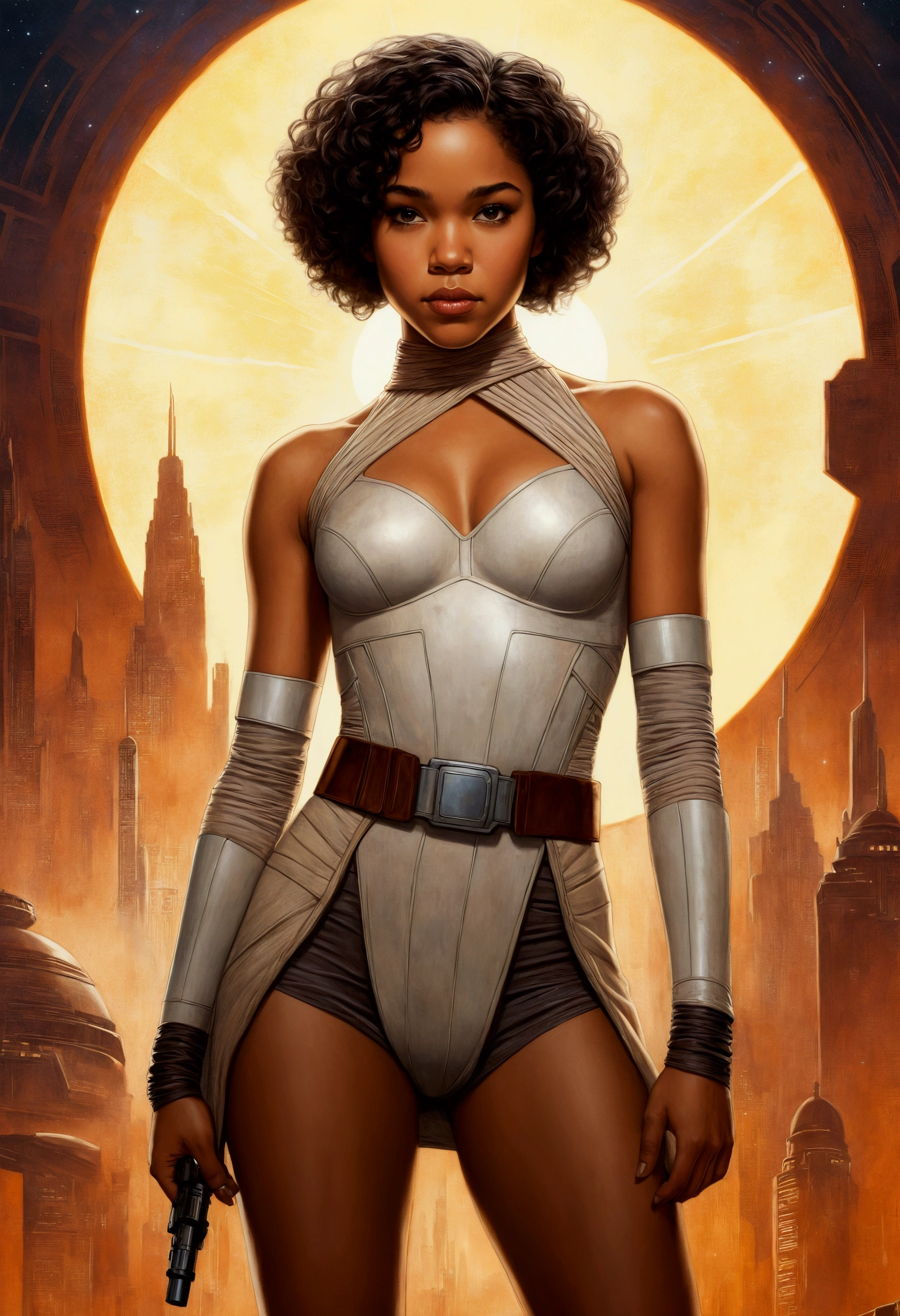 An illustrated movie poster, hand-drawn, full color, a teenage Jedi, 18-years-old, female, wearing a mini-dress, athletic hourglass figure, busty bosoms, full wide hips, massive round butt, long shapely legs, ridiculously thick powerful thighs, hazel eyes, dark hair, kinky curly bob cut, warm brown complexion, resembles Alexandra Shipp, standing above Coruscant, graphite shading, stencil marks, airbrushed acrylic paint, masterpiece, in the style of Drew Struzan 