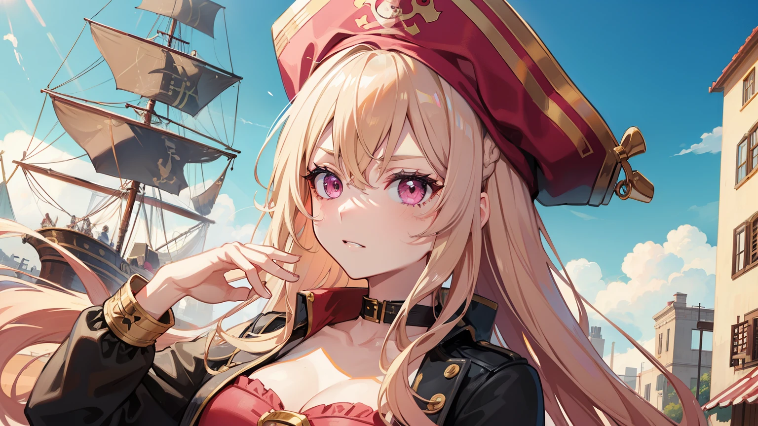 One adult woman, pink eyes, long blonde hair, pirate clothes