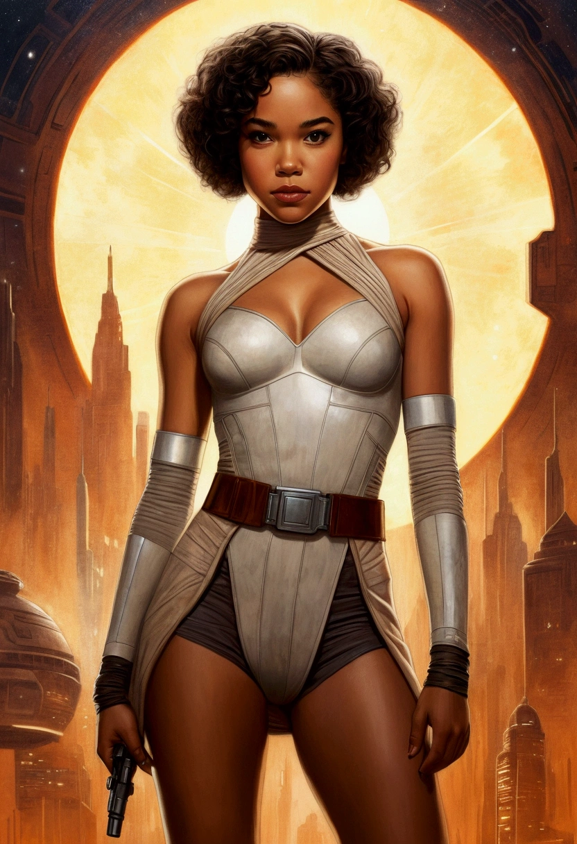 An illustrated movie poster, hand-drawn, full color, a age Jedi, 18-years-old, female, wearing a mini-dress, athletic hourglass figure, busty bosoms, full wide hips, massive round butt, long shapely legs, ridiculously thick powerful thighs, hazel eyes, dark hair, kinky curly bob cut, warm brown complexion, resembles Alexandra Shipp, standing above Coruscant, graphite shading, stencil marks, airbrushed acrylic paint, masterpiece, in the style of Drew Struzan
