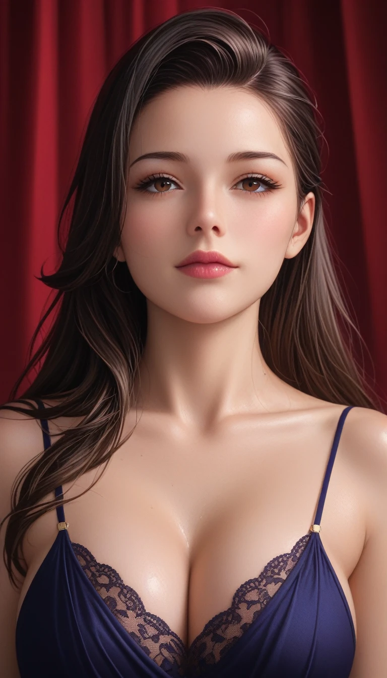 score_9, score_8_superior, score_7_superior, High-resolution CG illustration,A masterpiece in 32K resolution,Highest quality,it is really amazing,Very detailed,Ultra-high resolution,Ultra-realistic,Realistic,Increased depth of field,Cinematic lighting,
Elegant mature woman,
Shiny black hair,Straight long hair,Showing his forehead,god々Beautiful,Ultra-detailed and beautiful face,Sensual look,Beautiful dark brown, moist eyes,Dark Eyes,Glowing, moisturized skin,Translucent white skin,born々New skin texture,Great proportions,
Black slit dress,spaghetti straps,Deep slit,Detailed and beautiful lace decorations,born地の柔らかな質感,
Cinematic,Low - Angle,