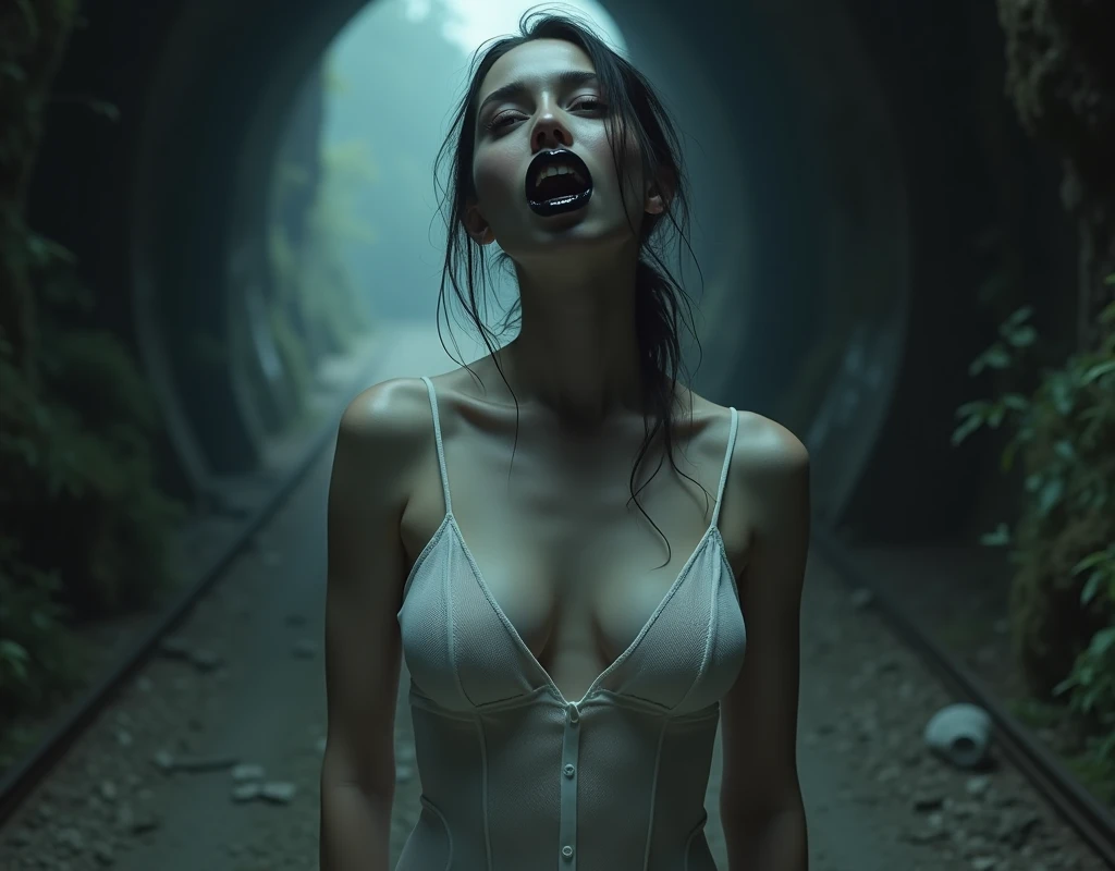 In the depths of an abandoned mountain tunnel, a eerie silence is shattered by the haunting apparition of a stunningly beautiful evil spirit. The camera captures her from a subjective perspective, as if you're experiencing the encounter firsthand. Framed in the center of the shot, she stands tall in a sheer white negligee, her pale complexion and black lips radiating an otherworldly allure. Her voluptuous figure is accentuated by the dim lighting, drawing the viewer's gaze to her ample breasts. As she gazes up at you with her head slightly tilted down, her piercing eyes seem to bore into your very soul before she unleashes a wicked cackle that sends shivers down your spine., perfectly beautiful body, super detailed skin, glossy skin, Beautifully detailed mouth, beautifully detailed teeth, beautifully detailed fangs, beautifully detailed tongue, beautifully detailed lips, masterpiece, incredibly absurd res, absolutely resolution, ultra high res,