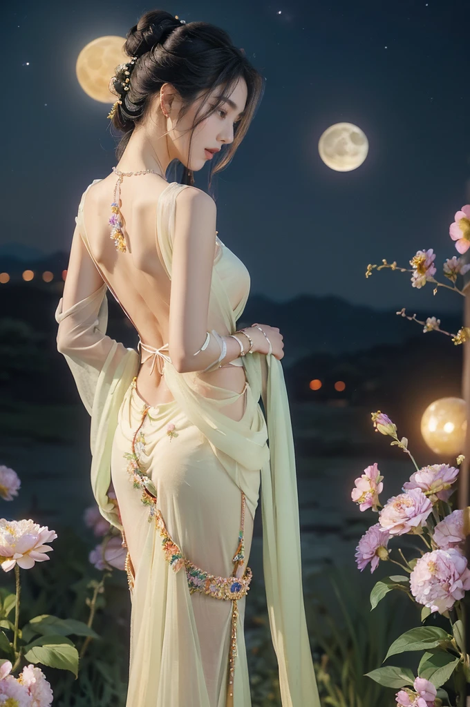 (((best quality))),(((ultra detailed))),(((masterpiece))),illustration,((1 beautiful girl,solo)),(neat chignon:1.2),((earrings,crystal necklace)),((slim,thin)),((bare back,towering hips,butt crack)),(stockings:1.3),(a moon in the clear night sky as the background:1.3), gentle glow,(Standing in the world full of vibrant flowers:1.3),(gorgeous sheer hanfu:1.3),sparkling eyes,graceful,(surrounded by crowded colorful flowers:1.5), kaleidoscope, shimmer,bright moonlight, delicate petals, fragrance, otherworldly, magical realm, enchantment, tranquility, essence of beauty, peace,(outdoor:1.),(night scene:1.3),((from back,upper body))