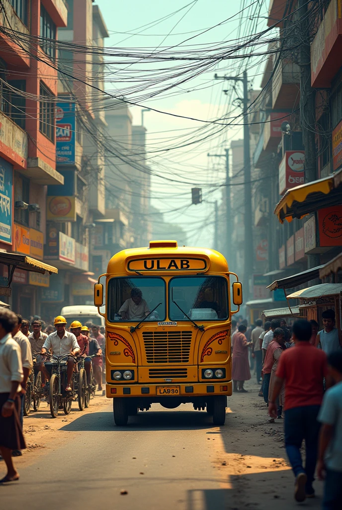 Create an AI-generated image featuring a bustling Dhaka street with heavy traffic. In the center of the scene, prominently display a yellow bus labeled "ULAB."