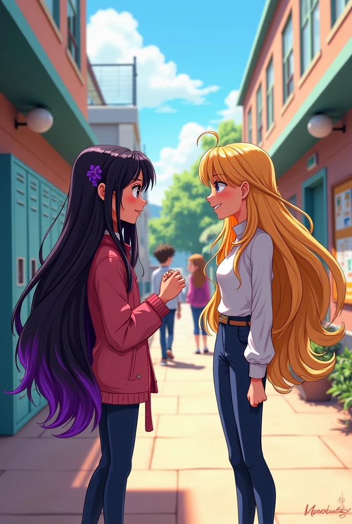Make a black haired girl with purple highlights at school, talking to a girl with long blonde hair. With the drawing style of miraculous.