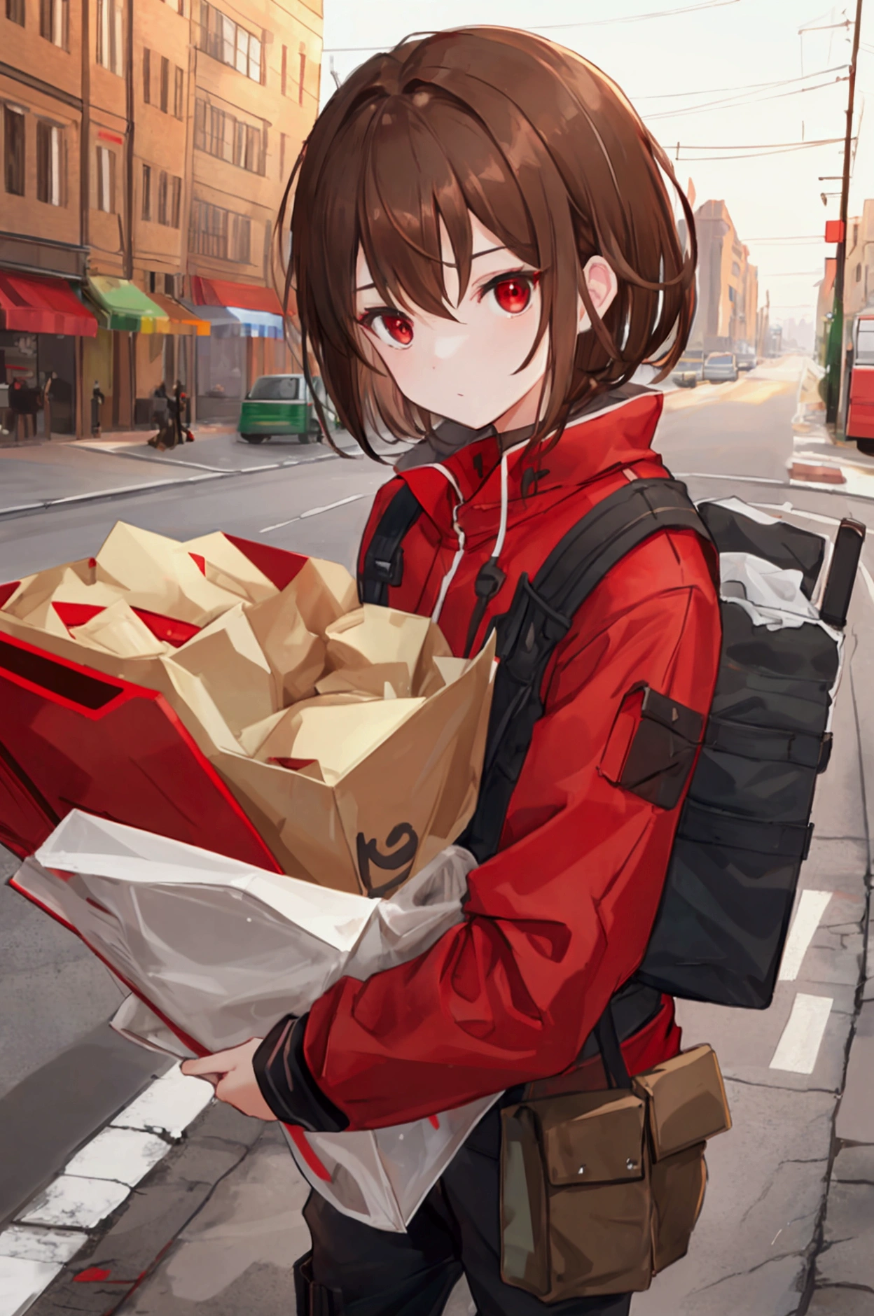Light cargo,One person, masterpiece, Shortcuts, Brown Hair, Red eyes,  Wide-angle shot, Delivery Person