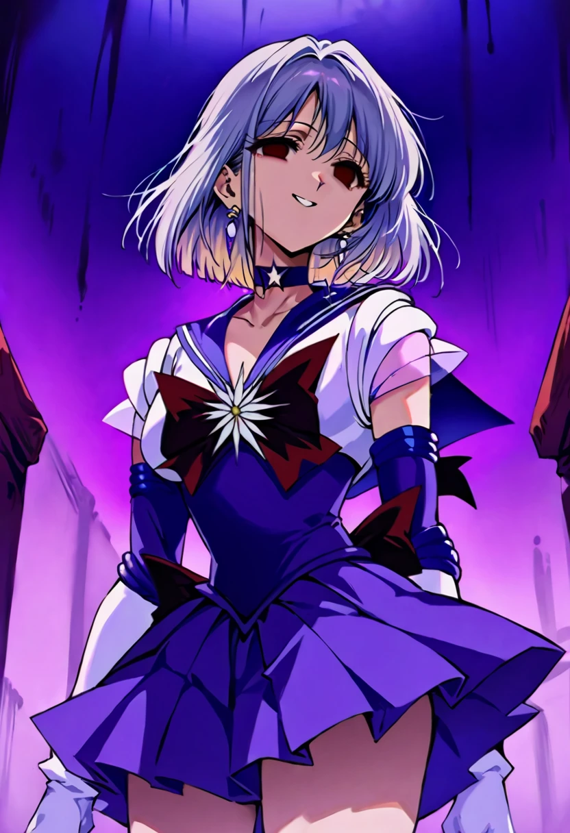 (masterpiece, Highest quality, so beautiful, Very detailed), Intricate details, 12k, Honestly,In awe of the Sailor Saturn XL,sailor senshi uniform,jewelry,skirt,choker,star choker,sailor collar,bow,brooch,star brooch,purple sailor collar,purple skirt,gloves,tiara,short hair,white gloves,earrings,elbow gloves,pleated skirt,, Are standing, Cowboy Shot,,(Wicked Smile:1.2), One person,(Silver Hair:1.4),(empty eyes,:1.4),From below,Watching the dawn,Dark aura,View your audience,(red eyes:1.2),