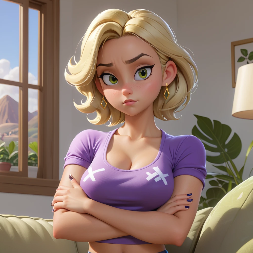 Disney-Mod, Blonde girl, crossed arms, Viewers look at, (Smug:1.15), (annoyed:1.15), (Eyes half closed:1.2), crop top, breasts, ear rings, Nail polish, perfect hands. living room landscape, muito detalhado, very complicated, High resolution, very high quality, detailed and intricate, Ray Tracing Reflections, goldene Stunde