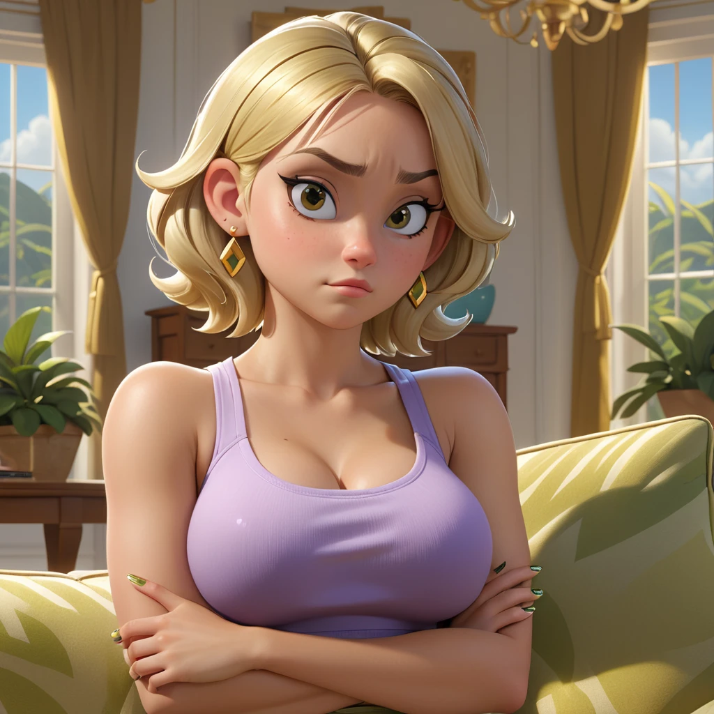Disney-Mod, Blonde girl, crossed arms, Viewers look at, (Smug:1.15), (annoyed:1.15), (Eyes half closed:1.2), crop top, breasts, ear rings, Nail polish, perfect hands. living room landscape, muito detalhado, very complicated, High resolution, very high quality, detailed and intricate, Ray Tracing Reflections, goldene Stunde