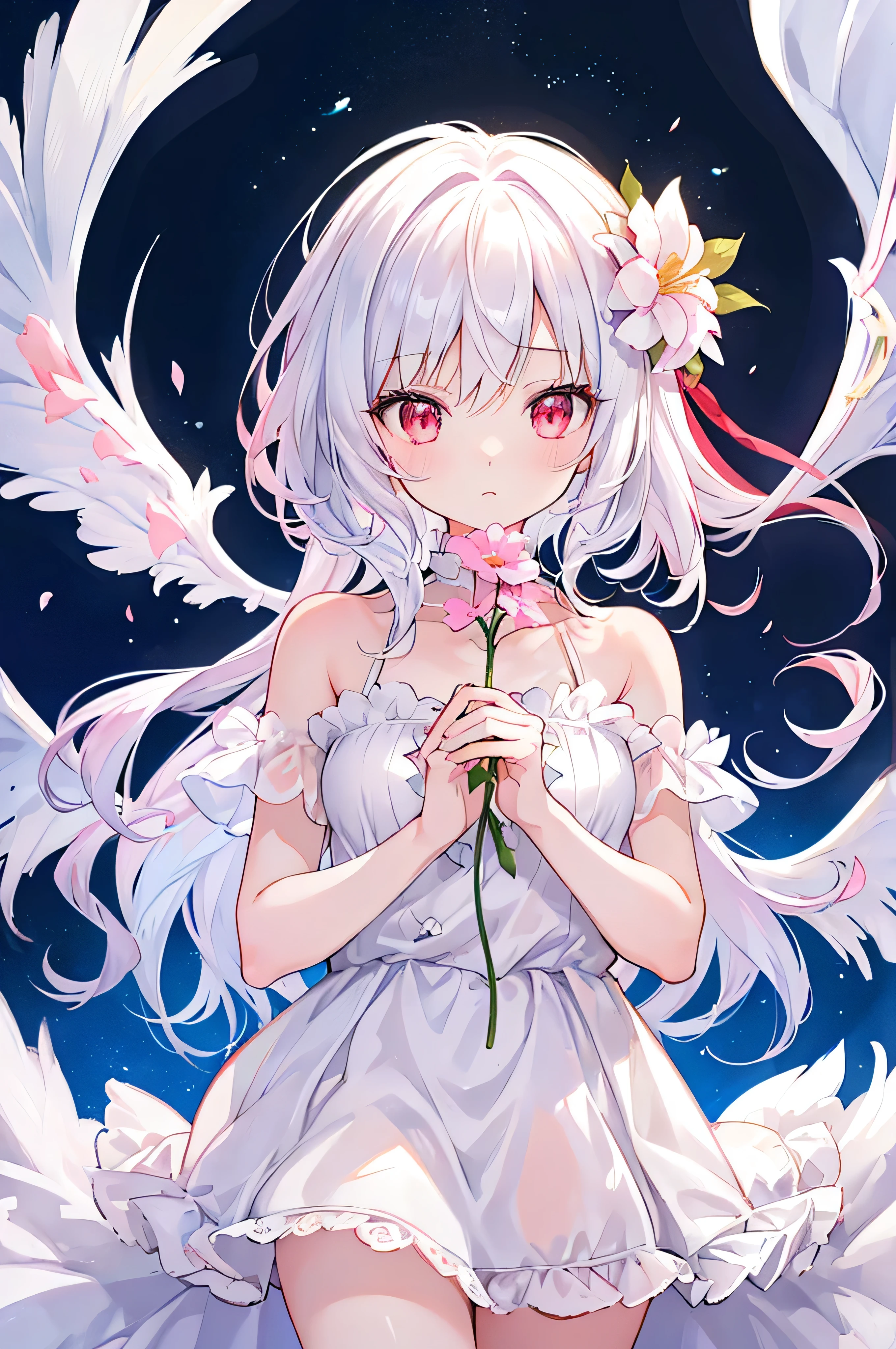 beautiful picture, best quality, a cute girl, pastel colors, Long white hair, red eyes, cute expression, Exposed shoulders, White clothes, fluttering clothes and hair, angel, bedroom, Huge wings, flower, uhd, 16K, best quality, high details, high quality, super detail, textured skin, masterpiece