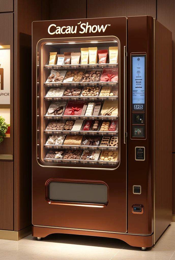 Create an automatic small candy vending machine from Cacao Show, with the brand name cacau show