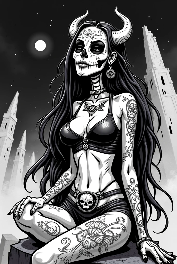 (Black and white doodle style cartoon) woman holy death, Goddess of the Dead, mexican skull face, long hair, sitting, various tattoos, leather outfit, Ox skull