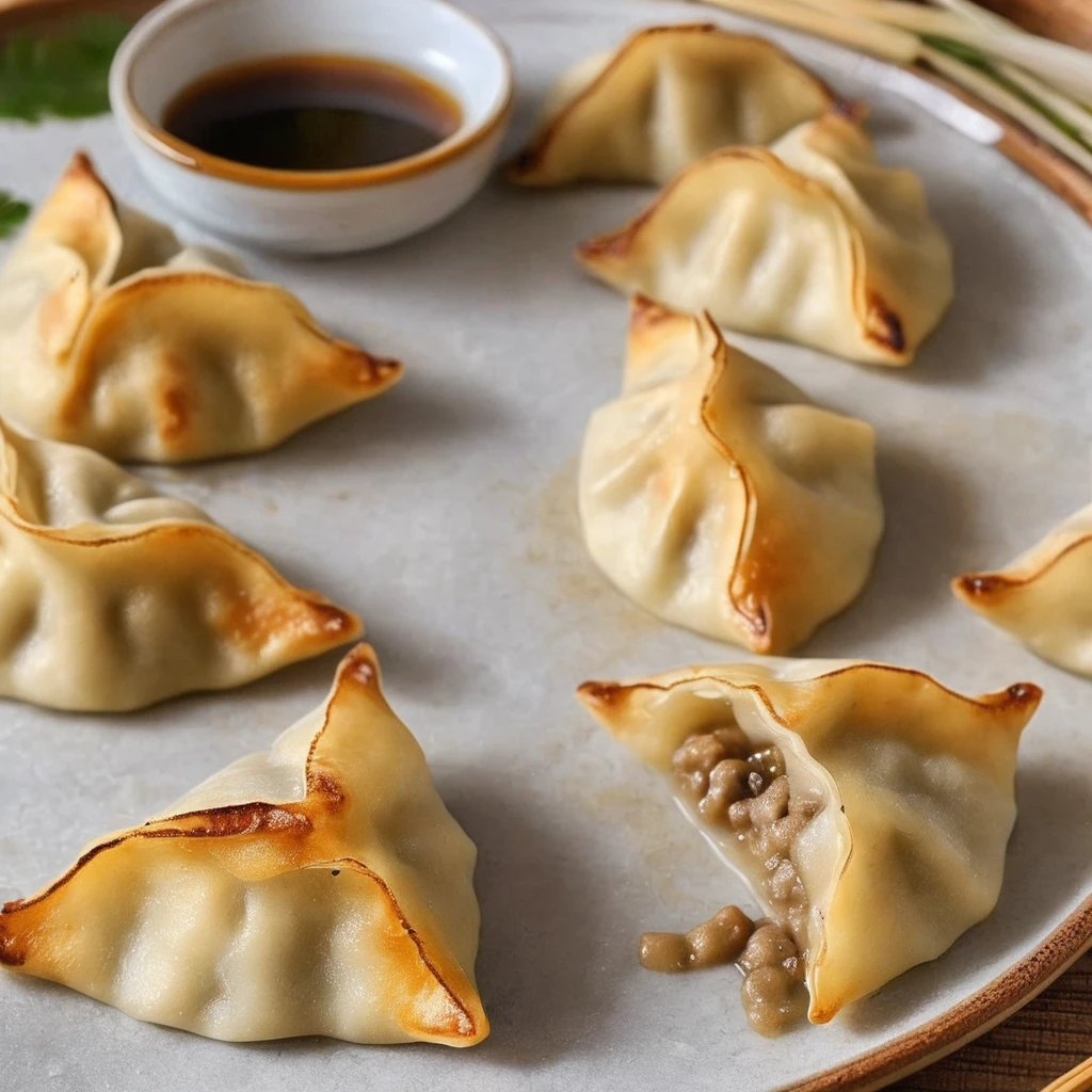 ((One side is brown and discoloured)).((Baked dumplings)),((crescent shaped gyoza:1.********u can see the minced meat through the dough...))、These dumplings are made from wheat flour dough rolled out thinly and shaped into semicircular shapes...、Place the dumplings on the plate without any gaps.、